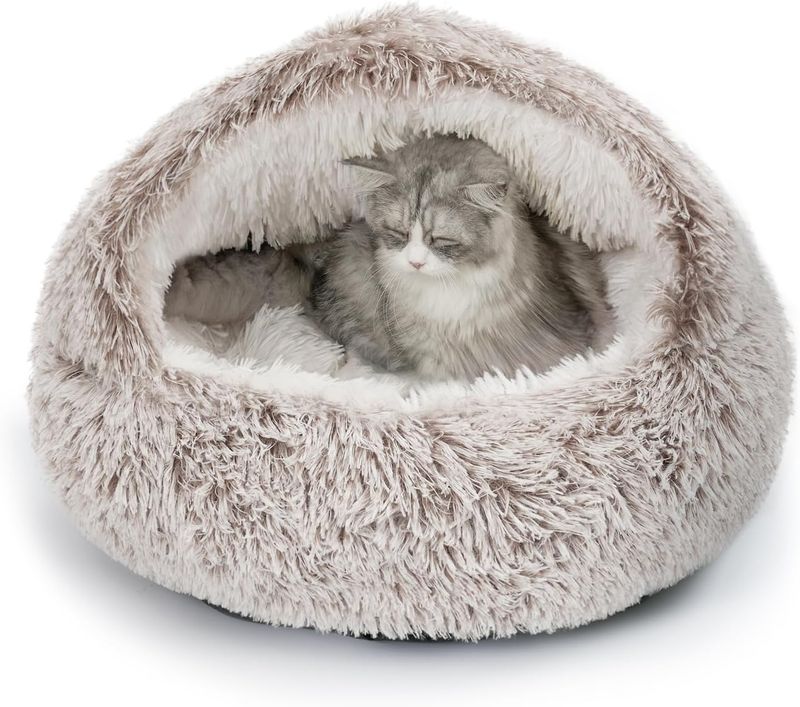 CATISM Plush Hooded Cat Bed, Calming Nest, Coffee, 21 inchx21 inch