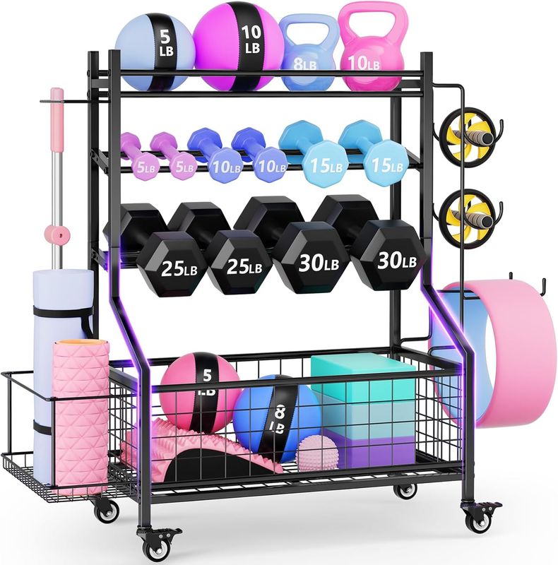 WUC All-in-One Workout Equipment Storage with Wheels and Hooks