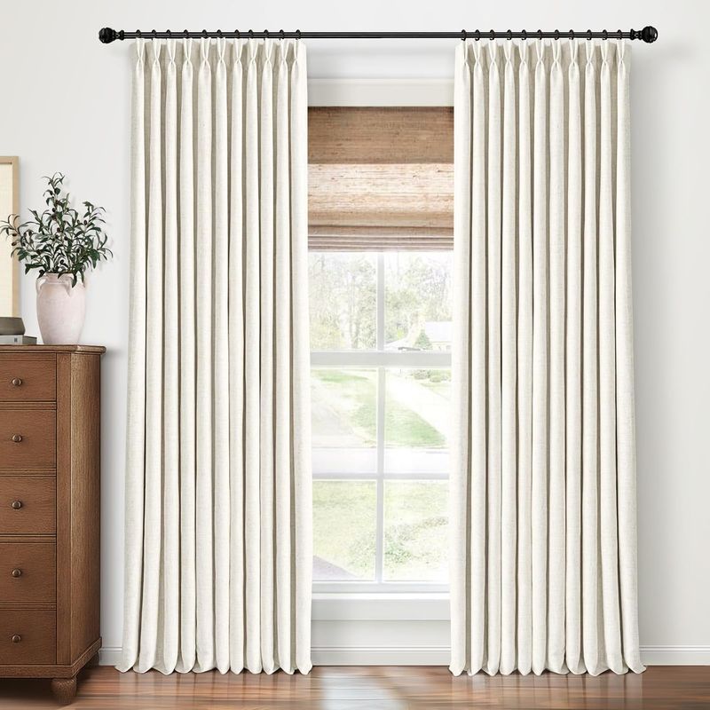 Pinch Pleated Blackout Curtains 105 Inch Long, Linen Blend, 100% Blackout Drapes
