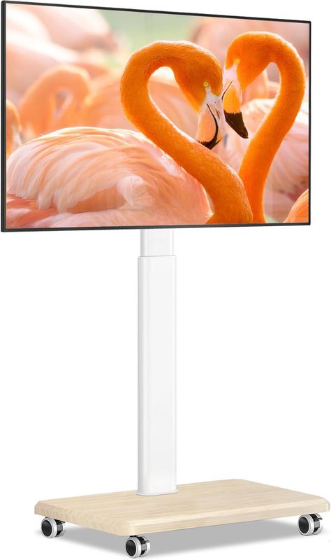 TVON Rolling TV Stand for 32,65,70 inch TVs, TV Stand w/ Wheels; White w/Wooden Base