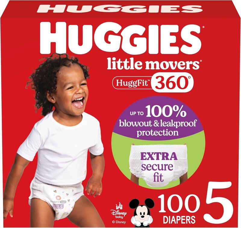 Huggies Size 5 Baby Diapers, Little Movers HuggFit 360° Baby Diapers; 100ct