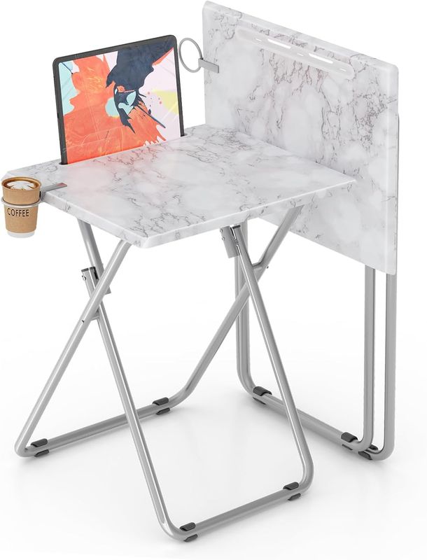 TV Tray Table,Folding Table with Cup Holder Portable, White Marble; 2pcs