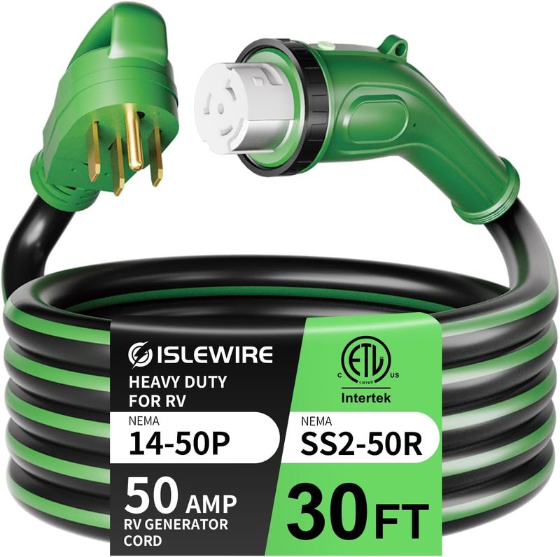 ISLEWIRE 50 Amp 30 Feet RV Power Cord, Heavy Duty 6/3 + 8/1 Gauge STW 50A