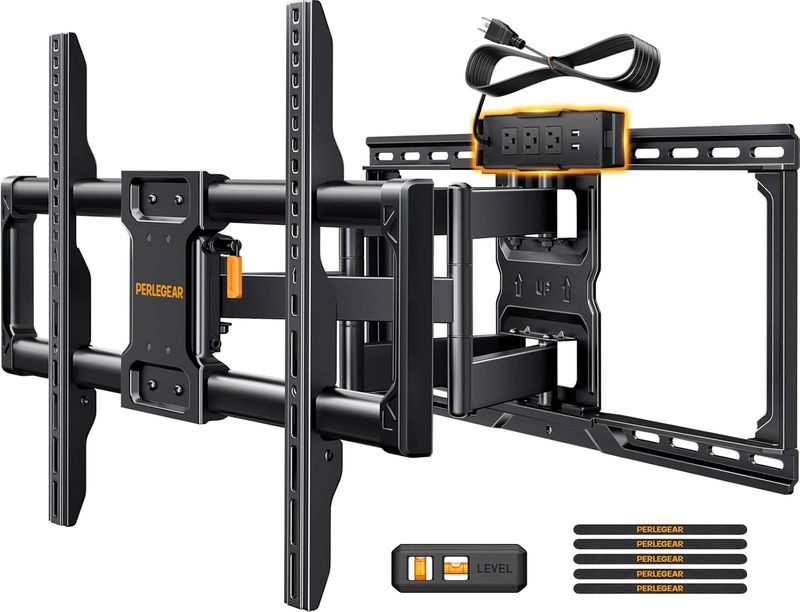 Perlegear Full Motion TV Wall Mount with Power Strip for 42–90 Inch TVs up to