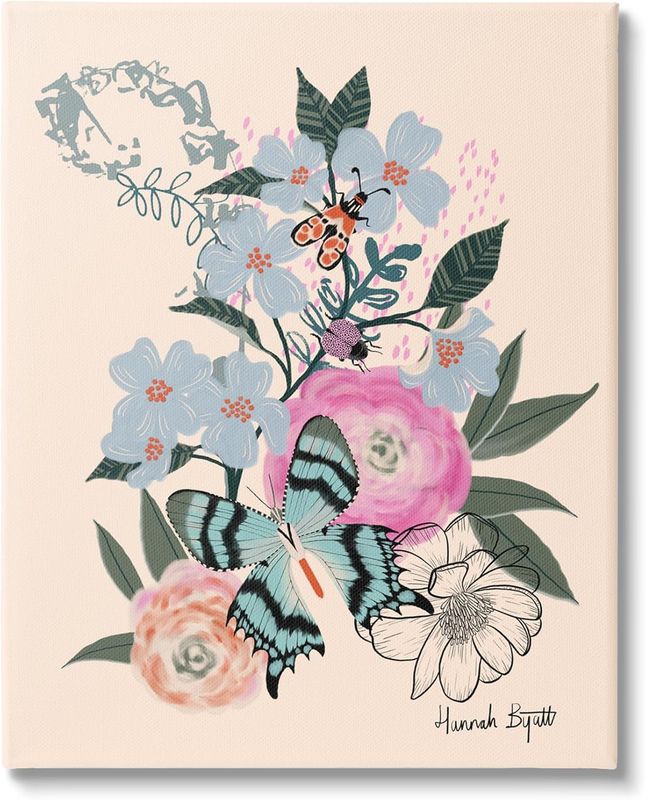 Stupell Industries Pastel Flowers & Butterfly Canvas Wall Art by Hannah Byatt