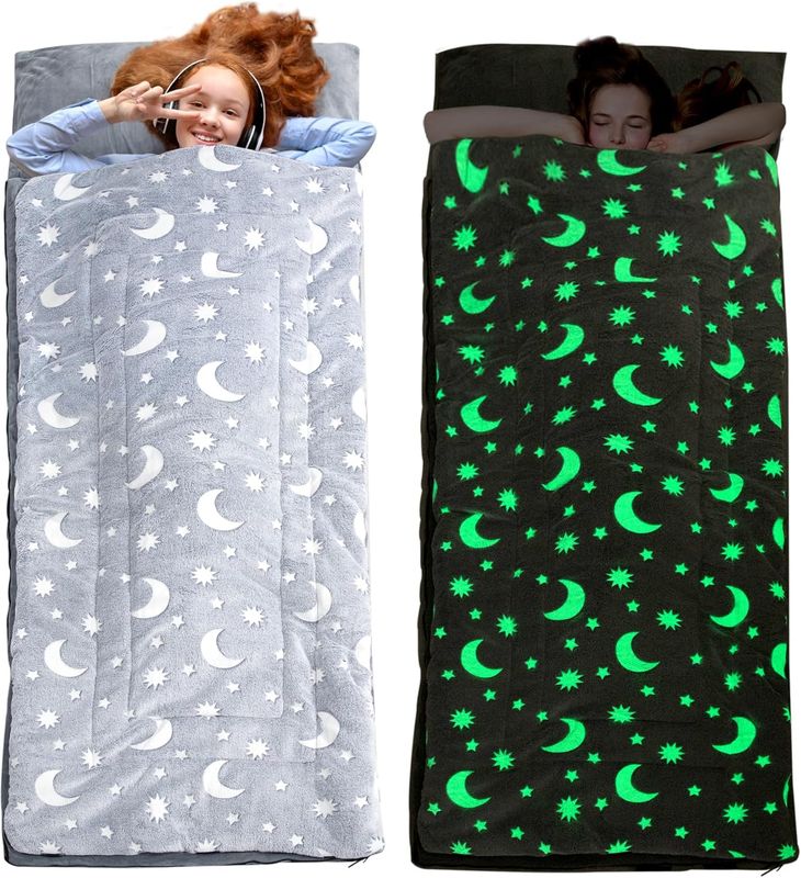 HOMBYS Glow in the Dark Sleeping Bags for 10~12 Years Old Kids, 84 inchx30 inch Soft