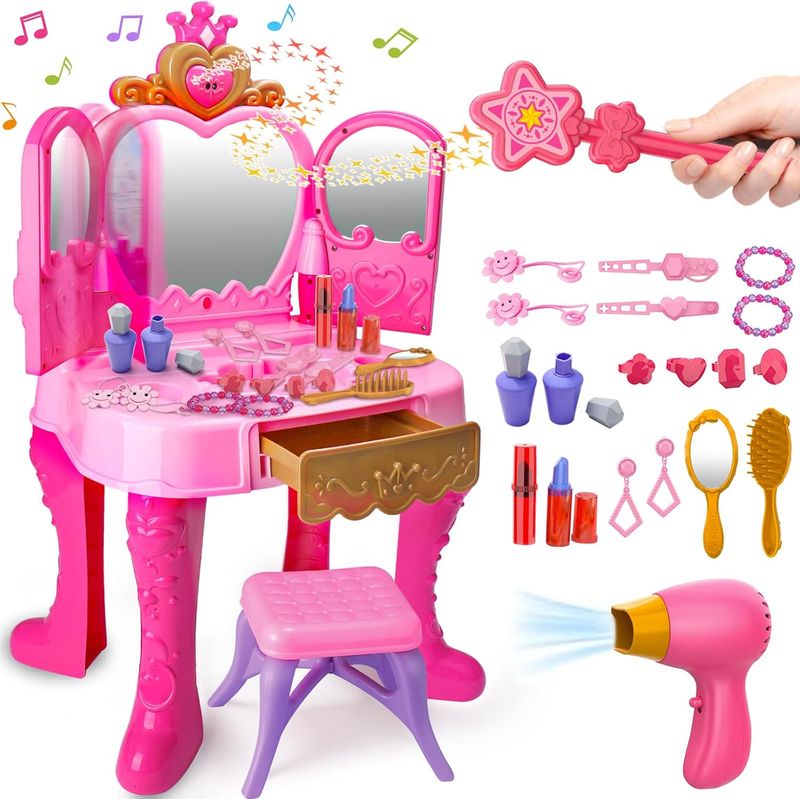 Toddler Vanity Magic Makeup Set Table & Chair Girl Toy Automatically Mirror Used