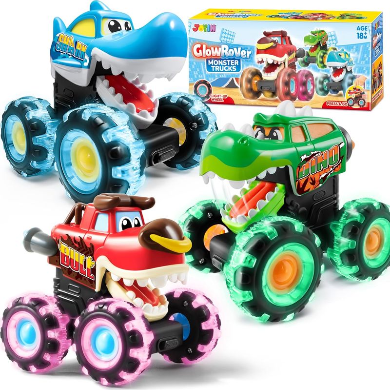 JOYIN 3 Pack Monster Truck Toy - Motion Activated Light Up Cars for Toddlers