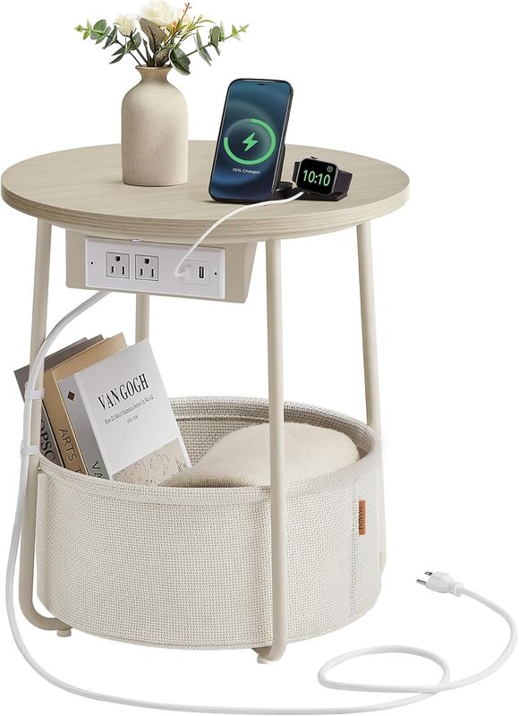 VASAGLELILEA Side Table w/Charge Station, Fabric Basket DAMAGE: Crack-BottomSide