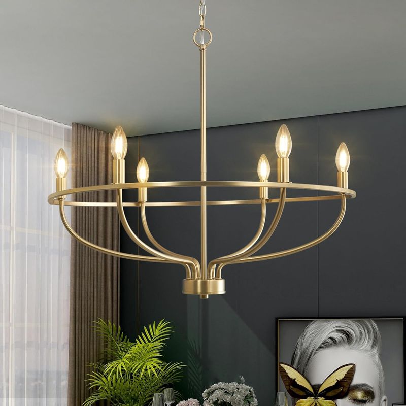 FookChak 6 Light Gold Chandelier, Brushed Gold Light Fixture; LightBulbs Not Inc