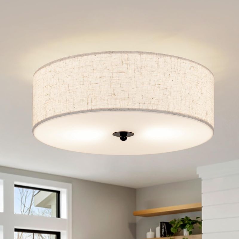 Flush Mount Ceiling Light Fixture, 13 inch Close to Ceiling Light with Beige Fabric