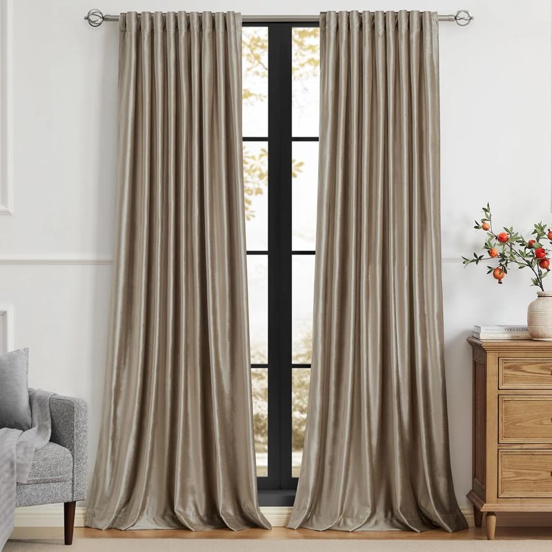 PRIMROSE Taupe Curtains 84 inch for Living Room,2 Panels Polyester Velvet Drapes