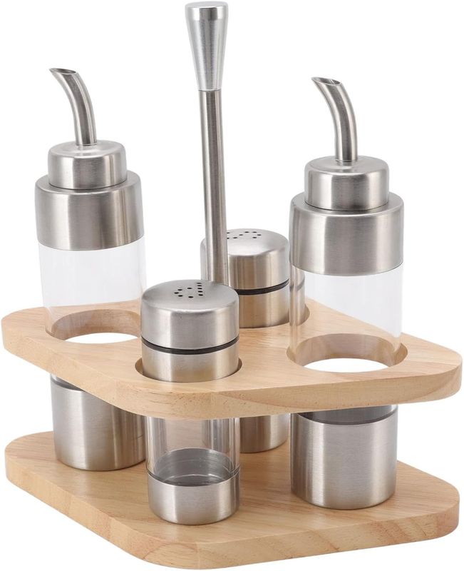 Cyrank Salt and Pepper Shakers, Olive Oil and Vinegar Dispenser Set with Wood