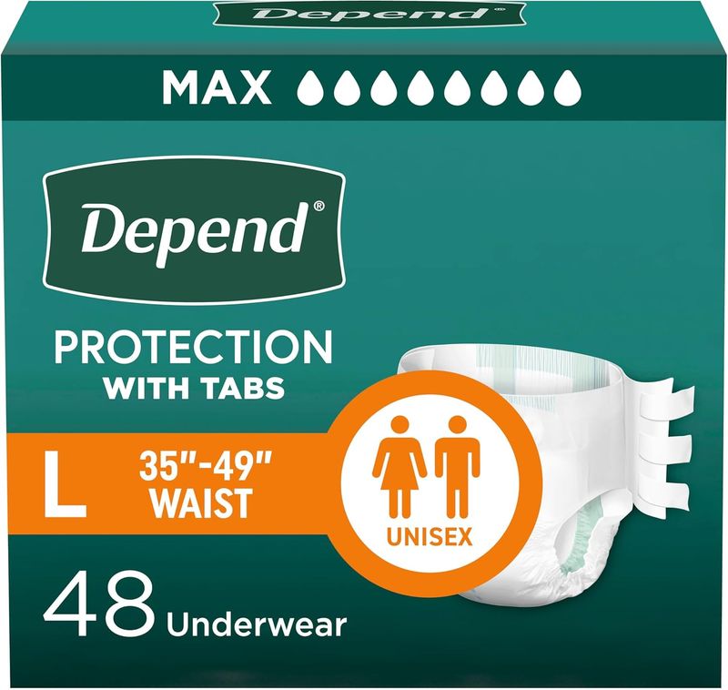 DependAdultDiapers w/Tabs, Incontinence, Unisex, Lg 35-49 inchWaist, 48ct-3pks of 16