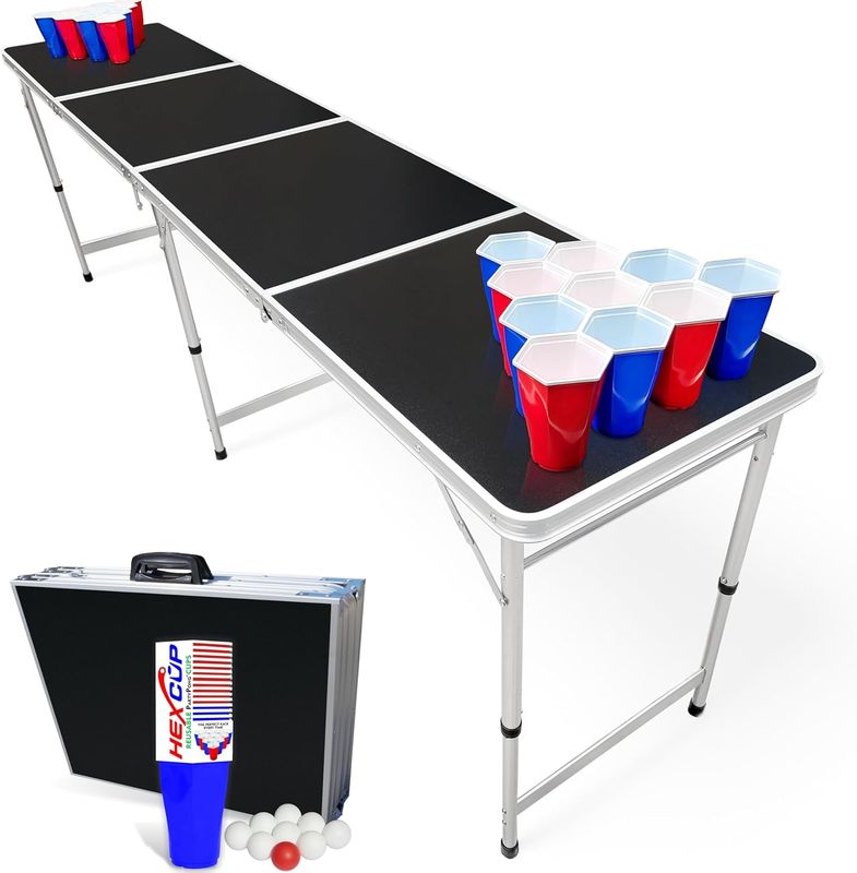 Approx 8'L 96 inchH Folding PartyTable w/22HexCUPs & 9Pong Balls MISSING:7Balls/Cups