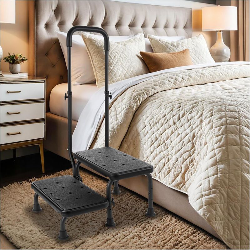 2StepStool w/Adjustable HandRail for Elderly w/High Beds, Holds Up To 450lbs