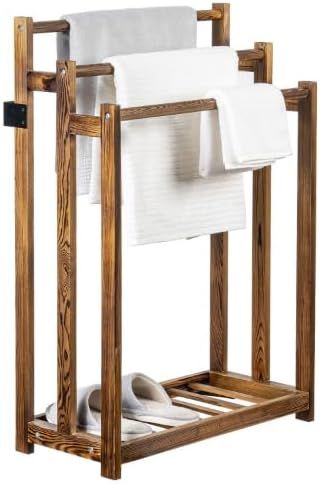 MyGift 3 Tier Freestanding Wood Towel Rack - Rustic Dark Brown Quilt Rack