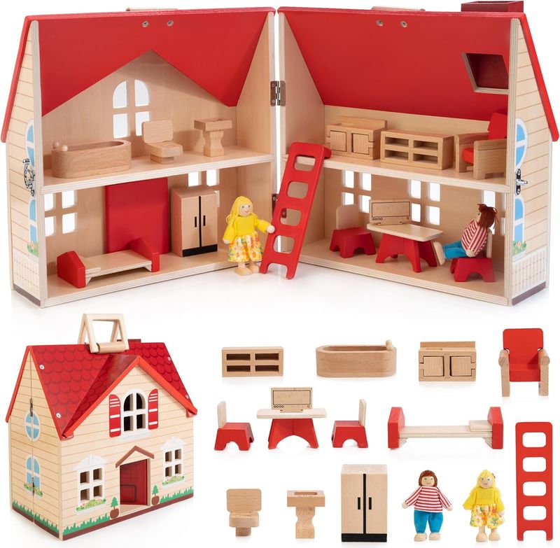 WOODMAM Foldable Wooden Dollhouse with 13PCS Furniture, 4 Rooms and 2 Flexible