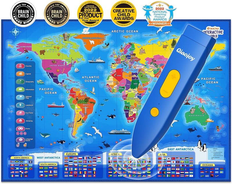 Qiaojoy Bilingual Interactive World Map for Kids Learning and Educational Toys