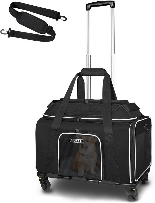 Petskd Top-Expandable Pet Carrier with Wheels, 18 inchx13 inchx9.5 inch, Black