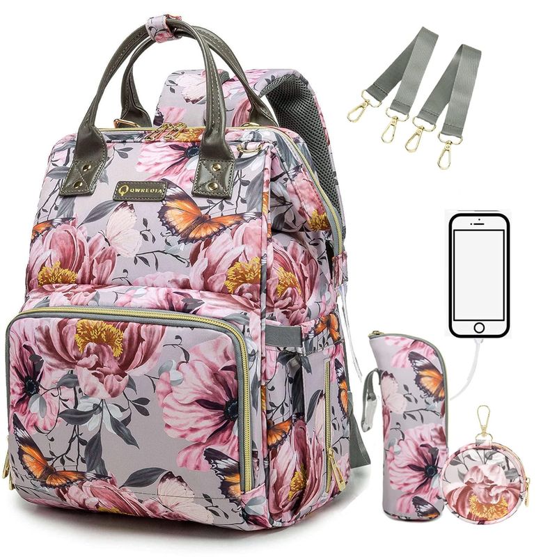 Floral Diaper Bag Backpack with Coin Bag USB Charging Port Stroller Straps and
