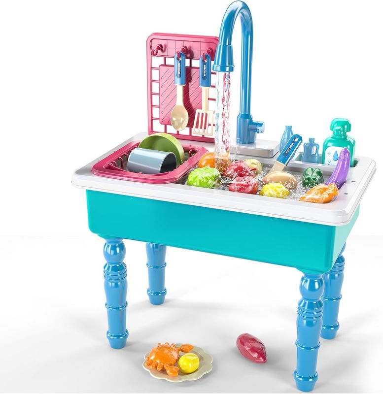 Play Kitchen Sink Toys, Blue Electric Dishwasher Playing Toy with Running Water