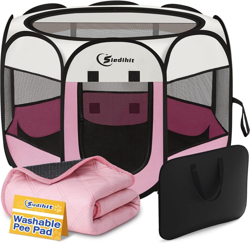 Dog/Cat/Rabbits Playpen, Portable, Pop-Up w/Carrying Case, Pink w/Pad, Medium