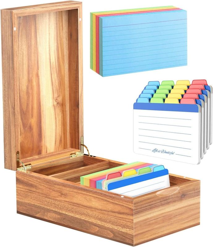 Neando 3x5 Index Card Organizer Box with Lid – Acacia Wood Note Card Holder