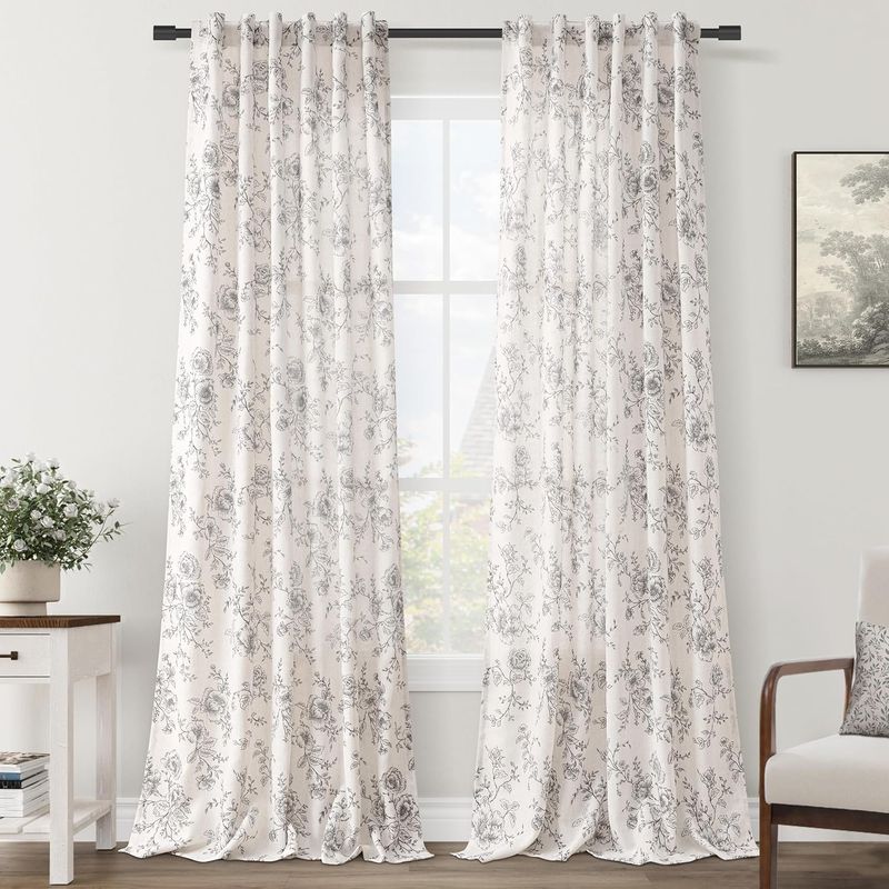 Floral Linen Curtains for Dining Room 84 inch length 2 panels Neutral Cream