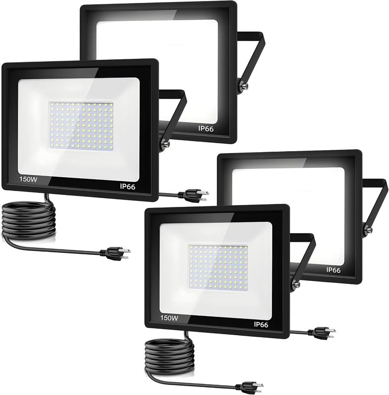4Pack LED Flood Light Outdoor,150W LED Work Light 15500lm with 6FT US Plug,IP66