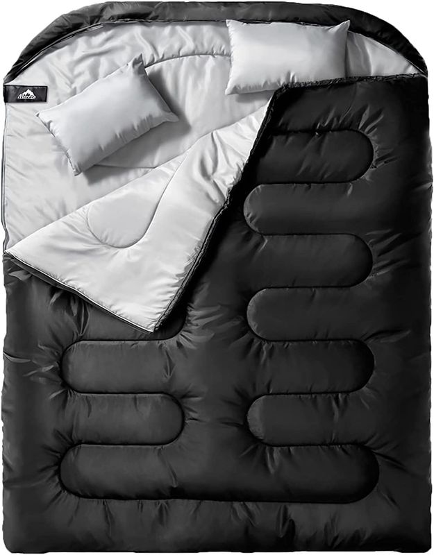 MEREZA Double Sleeping Bag with Pillow, XL Queen Size, Black