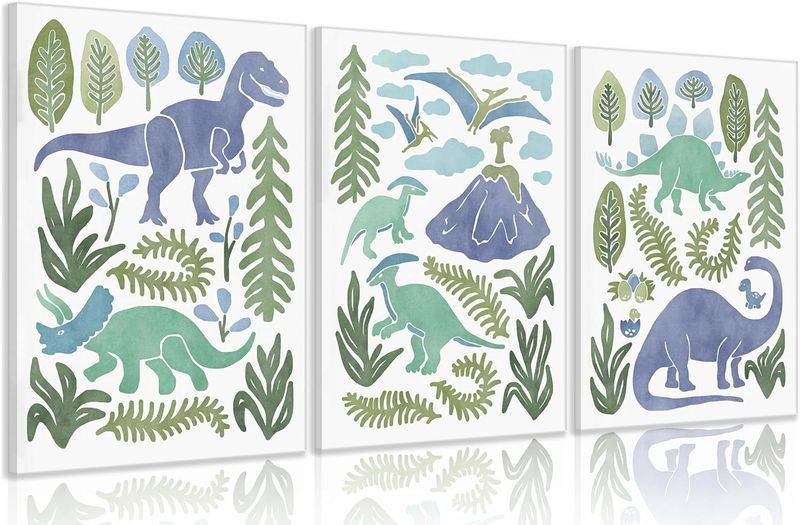 SEINEMBSC 3 Piece Blue Green Dinosaur Wall Art