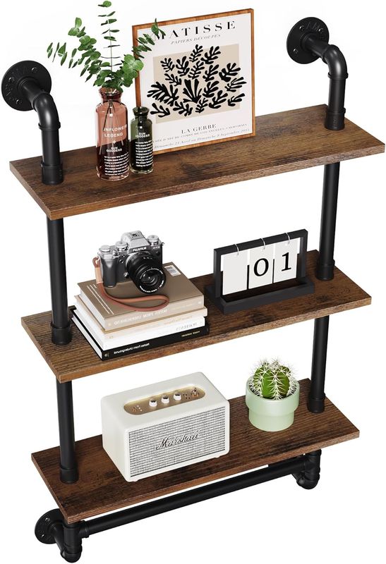 Merapi 24 inch Industrial Floating Shelves w/Tower Bar, Pipe Shelves for Wall, 3Tier