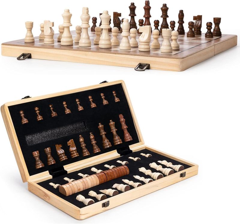 15 inch Wooden Chess Set | Folding Board, 2 Extra Queens | Magnetic Chess Board Set