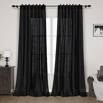 Solid Black Curtains 96 Inches Long 2 Panel Set Back Tab Sheer Black Linen