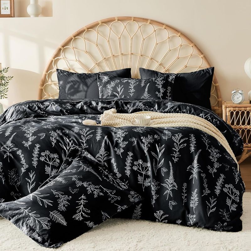 MUXHOMO Duvet Cover Full Size, Reversible Floral Black Duvet Cover Set