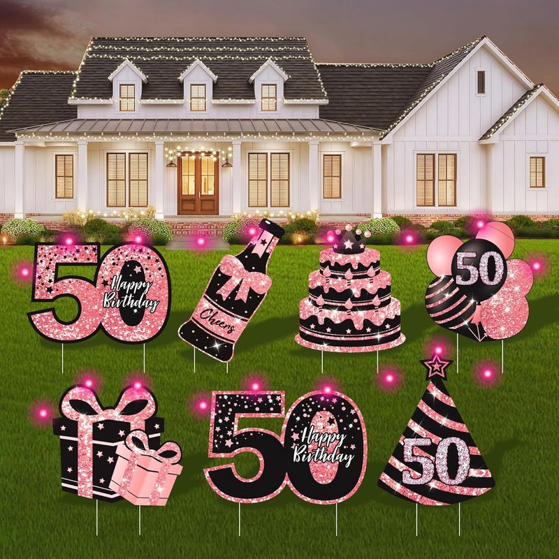 50th Birthday Decorations for Women - 7 Pcs Birthday Yard Signs with Stakes, LED