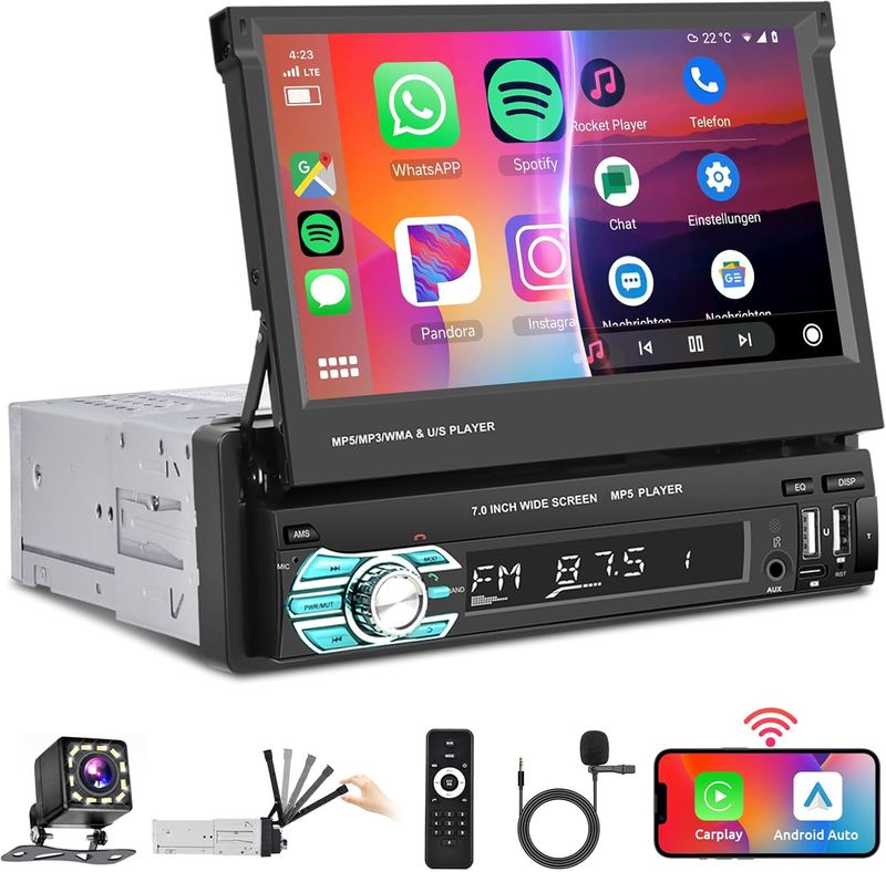 Podofo Wireless Carplay Single Din Car Stereo 7 Inch HD Flip Out Touchscreen Car