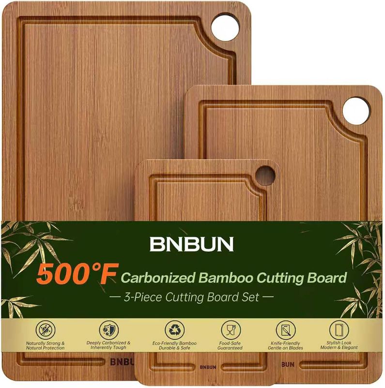 Bamboo Cutting Board for Kitchen, 3-Piece Set with Juice Grooves, Side Handles