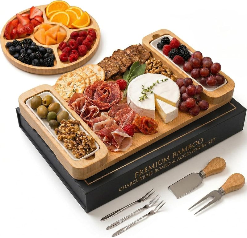 Charcuterie Boards - Large Bamboo Cheese Board Gift Set with Serving Tray,