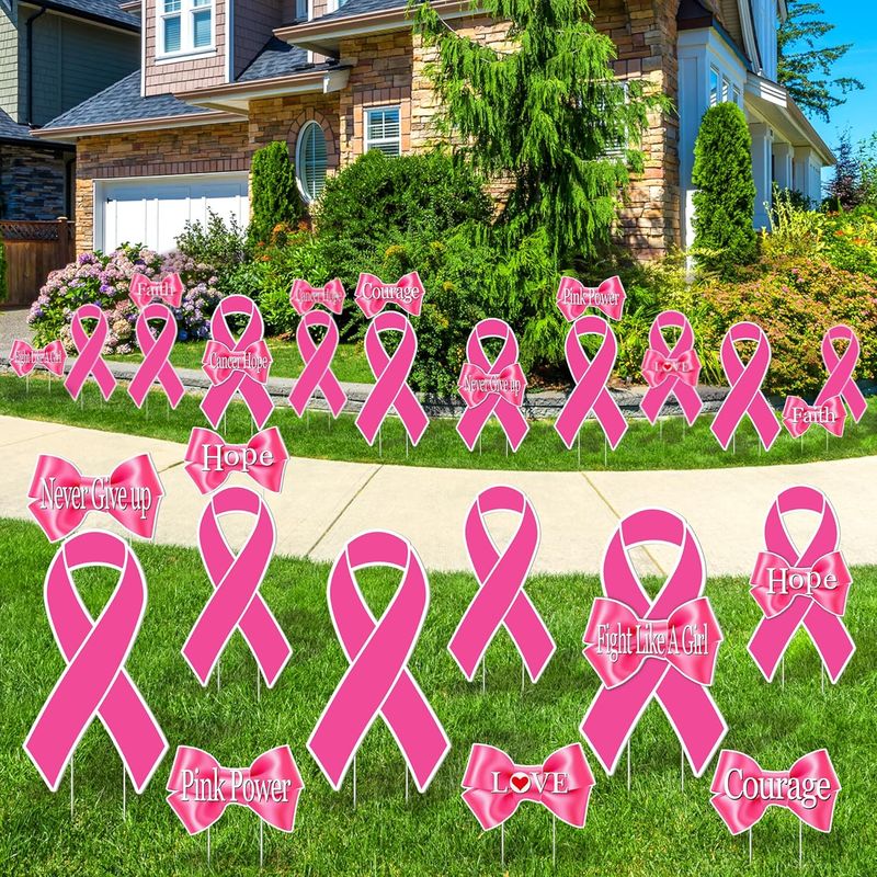 Aodaer 16 Pieces Breast Cancer Awareness Yard Signs 14.2 x 7.9 Inch Hope Pink