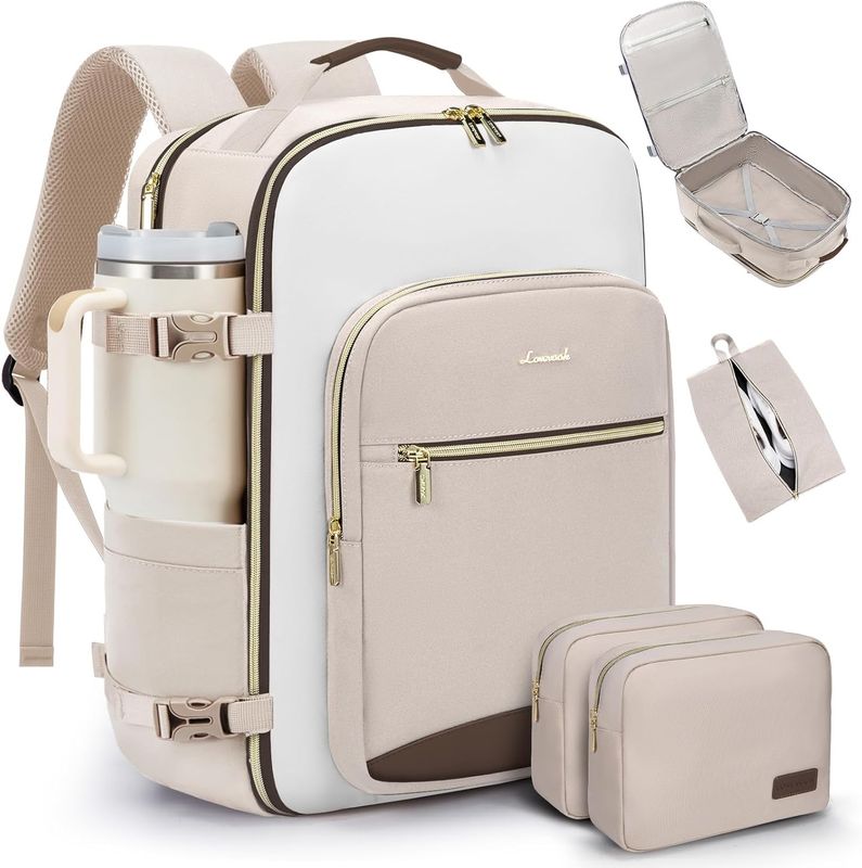 LOVEVOOK 40L Travel Backpack, Airline Approved CarryOn; Light Khaki-beige-coffee