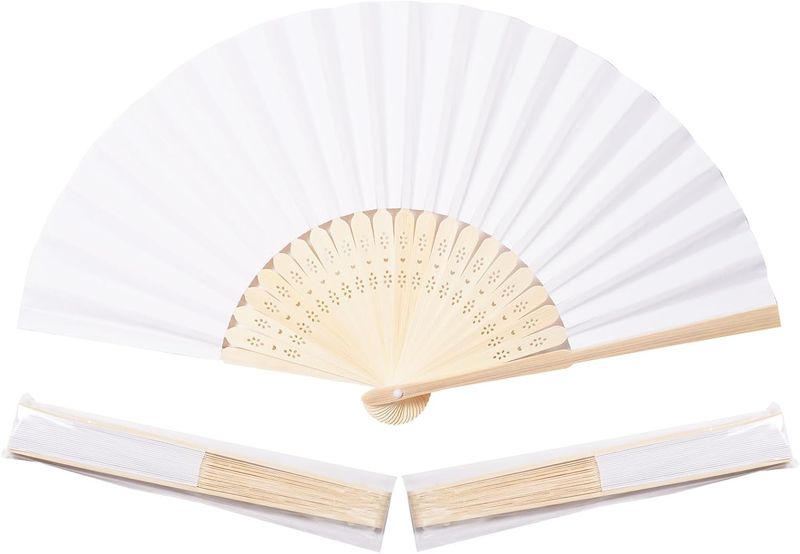 Sepwedd 50pcs White Paper Hand Fan Bamboo Folding,Handheld Paper Folded for