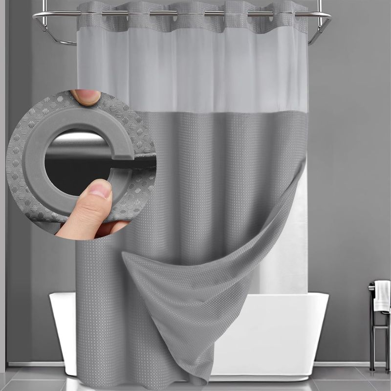 YellyHommy No Hook Shower Curtain with Snap in Liner Set Less Time Grey Waffle