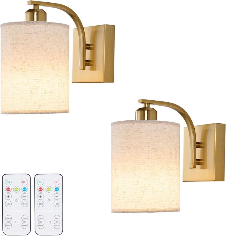Powfloven Gold Rechargeable Battery Operated Wall Sconces Set of 2 with Remote