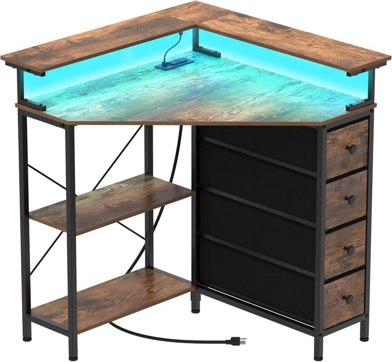 VENNQD Corner Desk with Drawers Shelves for Small Space 90 Degrees Triangle