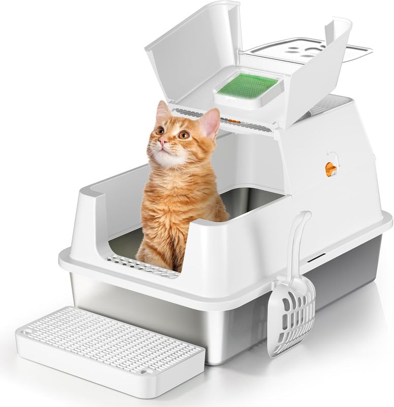Eosarcu Stainless Steel Cat Litter Box with Lid, 180° Flip-Top XL Extra Large