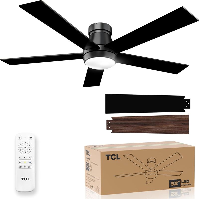 TCL 52 inch Black Ceiling Fan with Light and Remote, Modern LED 3-Color, 3CCT, Quiet