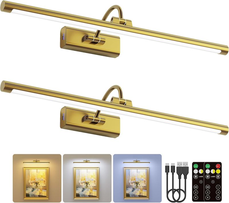 Craftersmark 2 Pack 24 inch Brass Gallery Picture Lights - 8000mAh Rechargeable