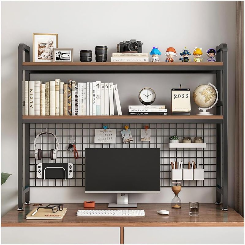 W WWEENUO Desktop Hutch Bookshelf, 2-Tier Metal Desk Shelf with Grid Panel